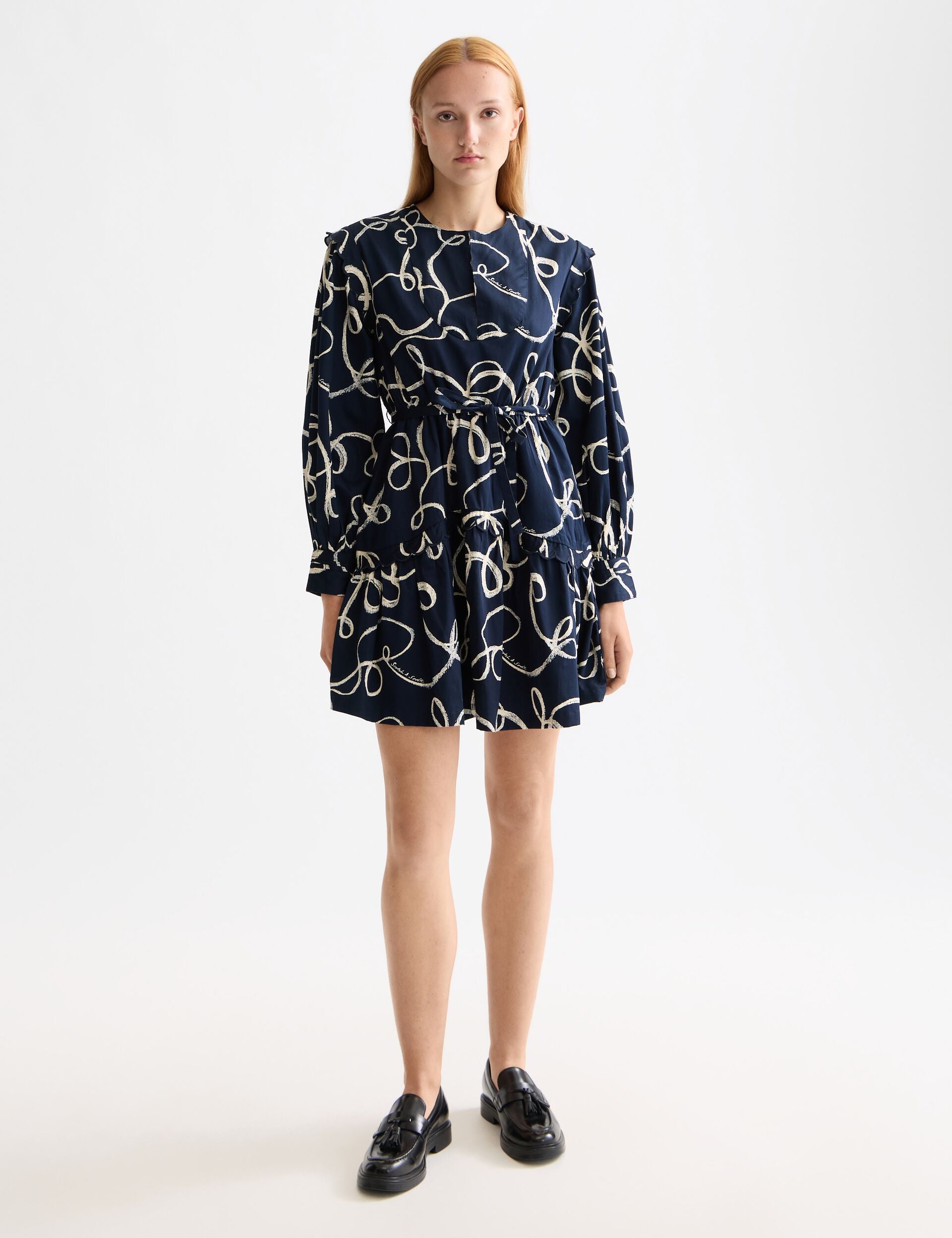 scotch dresses designs Scallop Trim Long Sleeve mini dress RIBBON NAVY AOP / 36 scottish dress female EVERPRETTY Elegant Chiffon V-Neck Style_Long Dresses neck design offers a Color:Dusty Rose (RosyBrown)