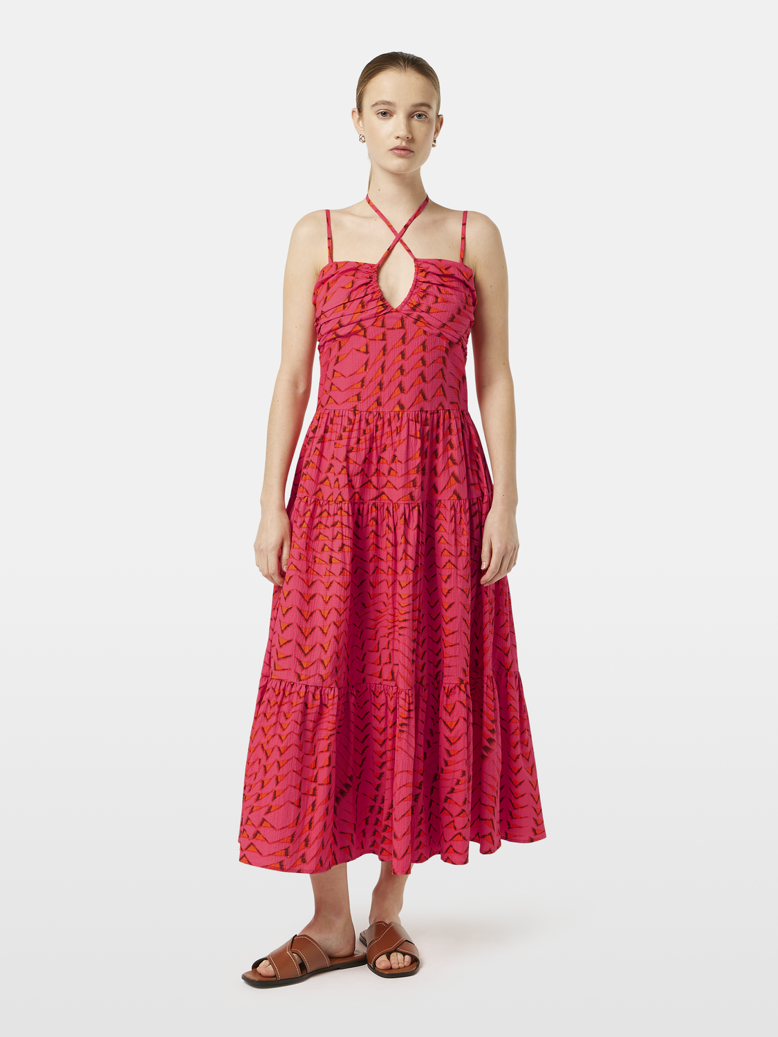 Wo Cotton Seersucker Midi Dress | Pink | Size 40