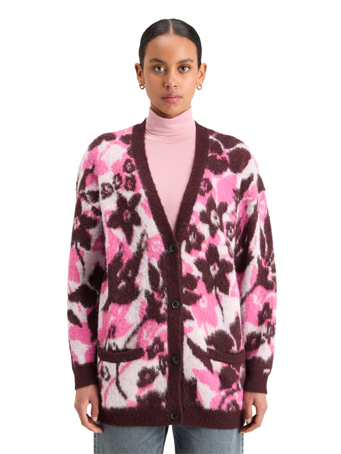 Fuzzy Jacquard Mid Length Cardigan