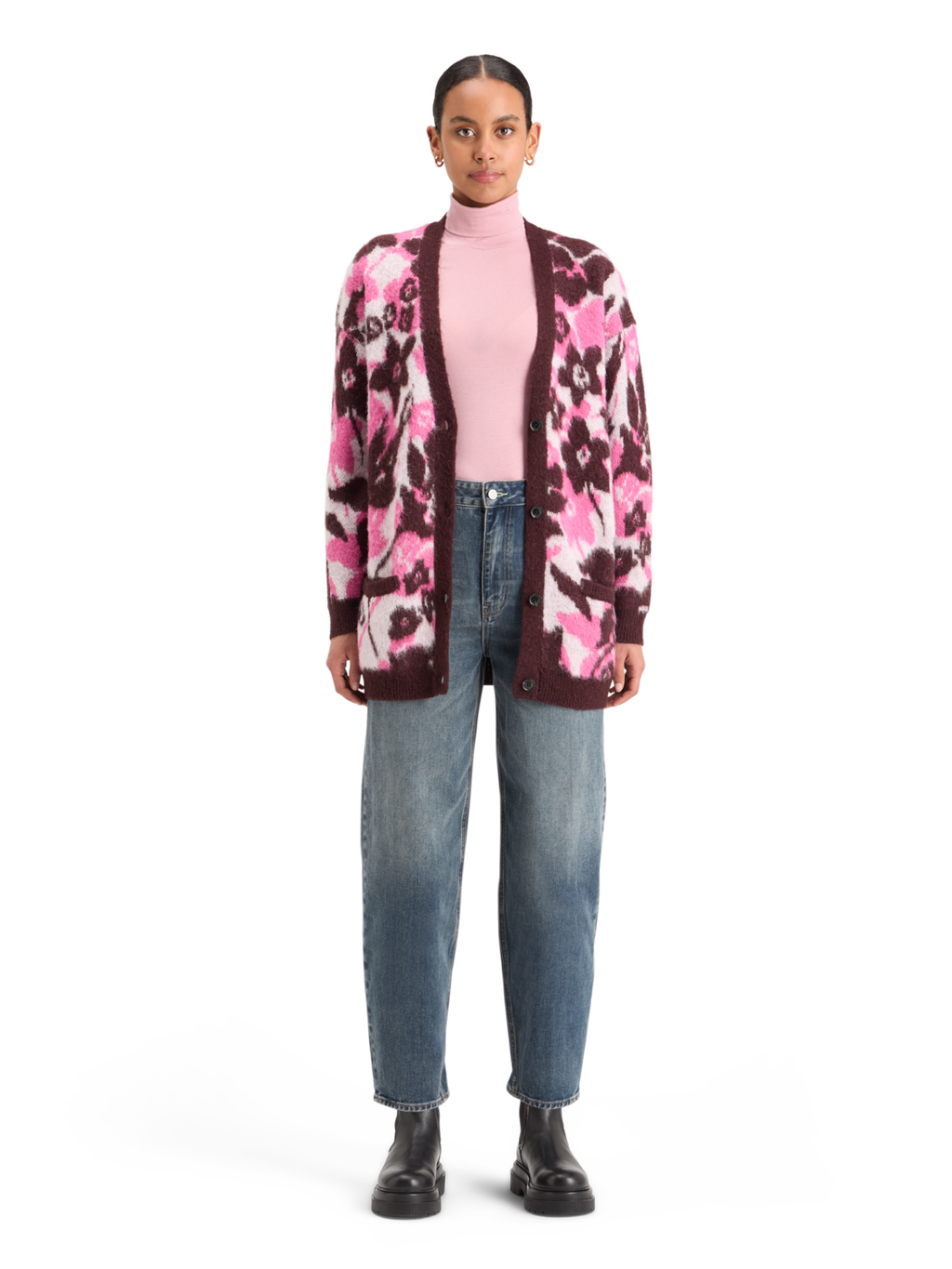 Fuzzy Jacquard Mid Length Cardigan