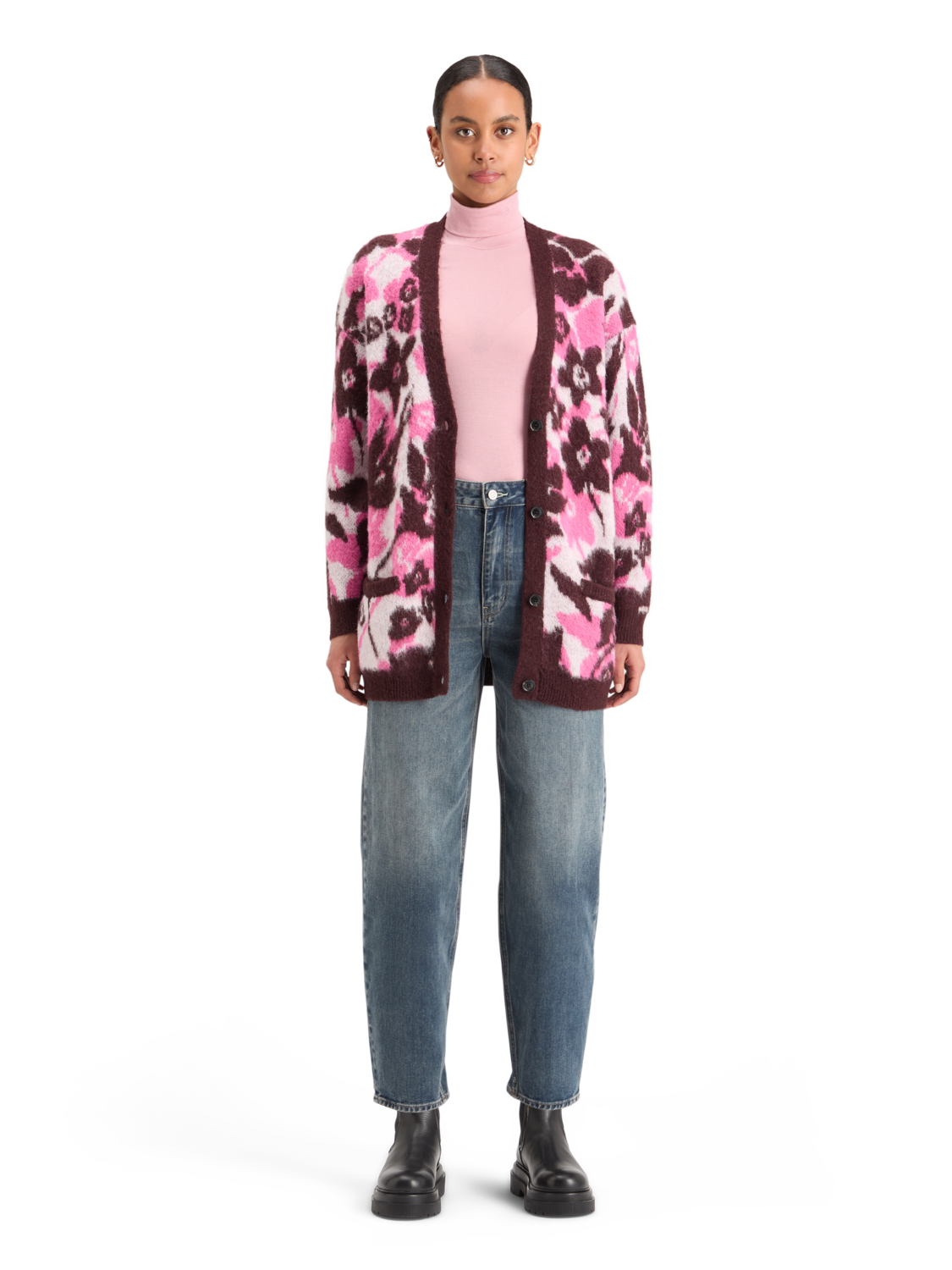 Fuzzy Jacquard Mid Length Cardigan