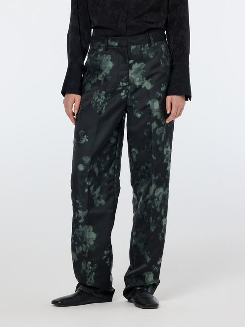 Pantalon droit en jacquard à motif floral ondulé