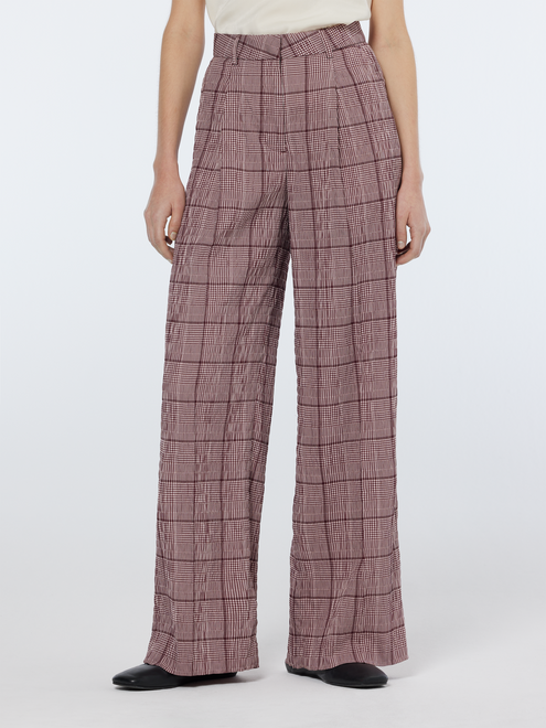 Pantalon Prince de Galles en seersucker taille haute à jambes larges Rose