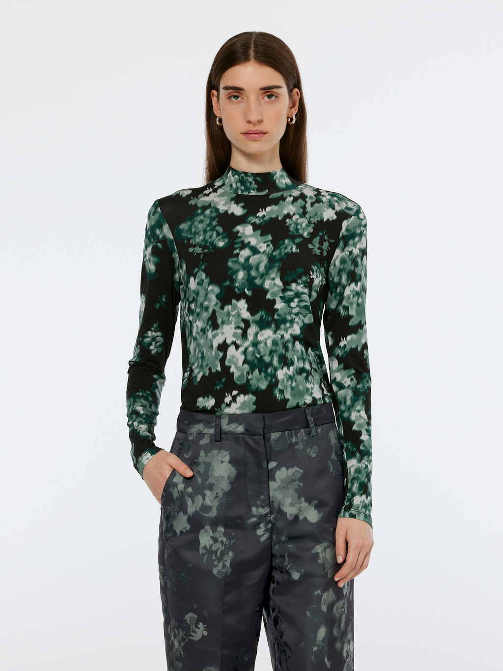 Floral Printed Mock Neck Long Sleeve Shirt