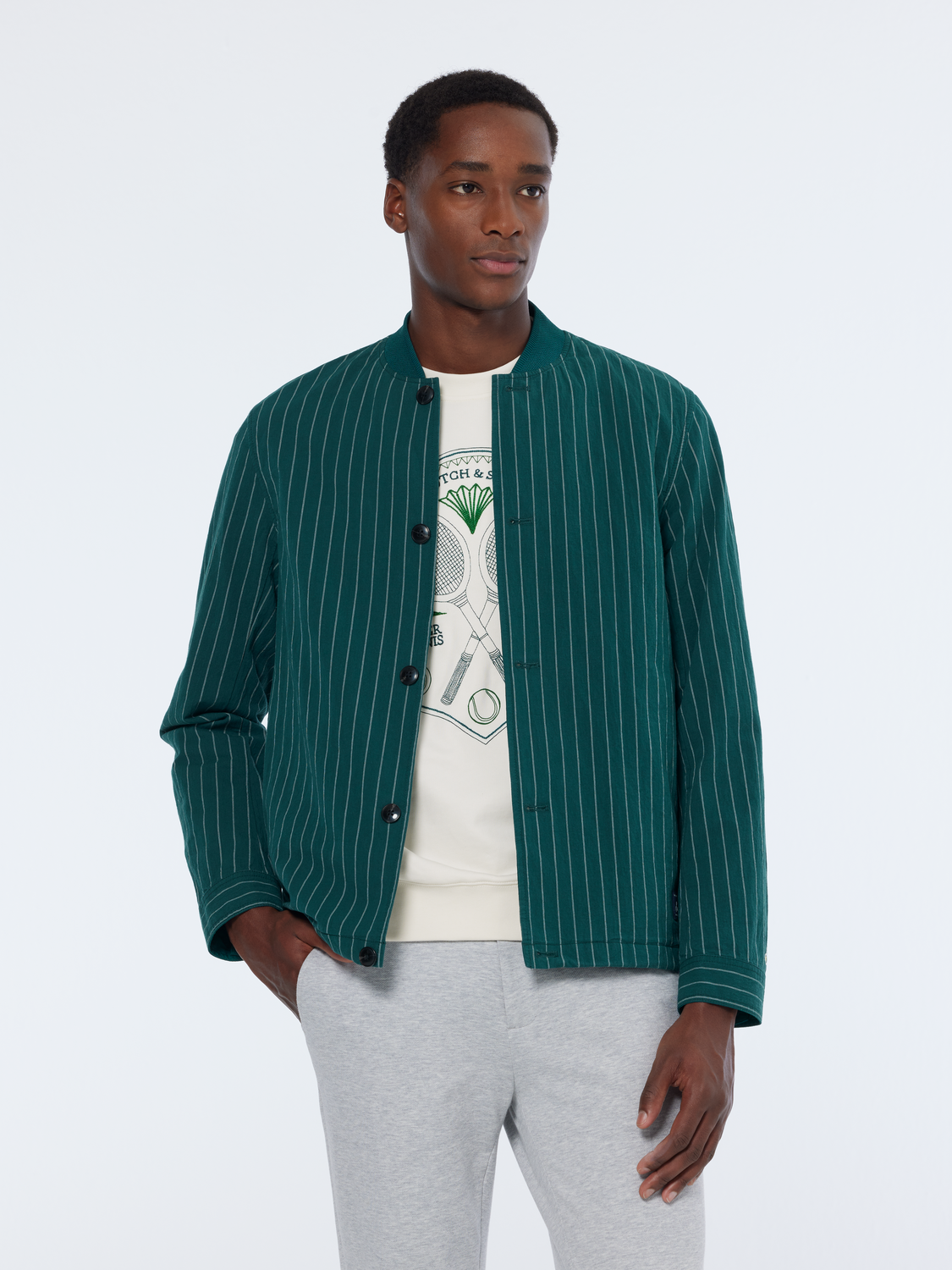 Pinstriped Cotton-Blend Button Up Jacket