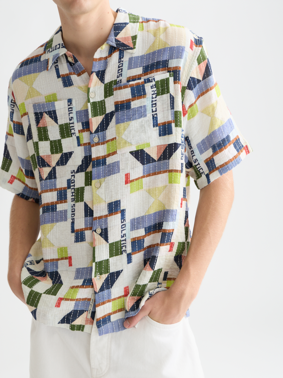 Printed Stitched Relaxed-Fit Short-Sleeve Shirt
