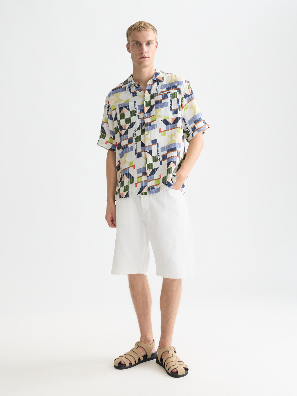 Printed Stitched Relaxed-Fit Short-Sleeve Shirt