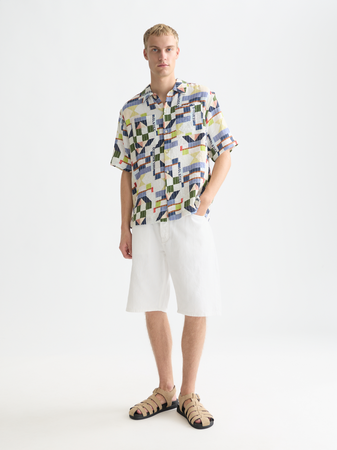 Printed Stitched Relaxed-Fit Short-Sleeve Shirt