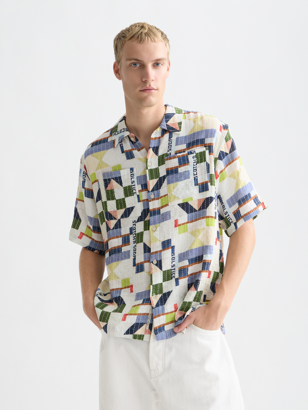 Printed Stitched Relaxed-Fit Short-Sleeve Shirt