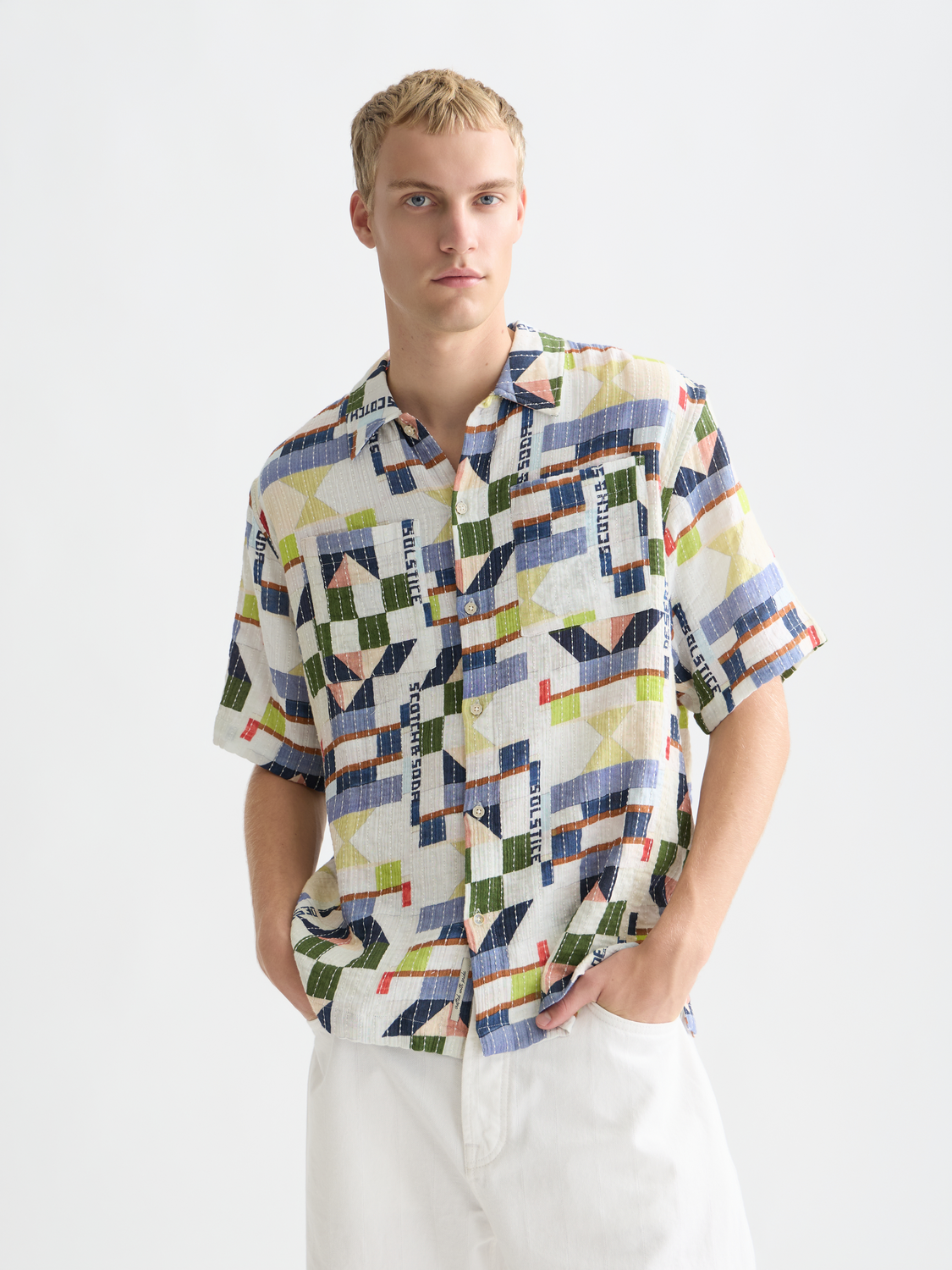 Printed Stitched Relaxed-Fit Short-Sleeve Shirt