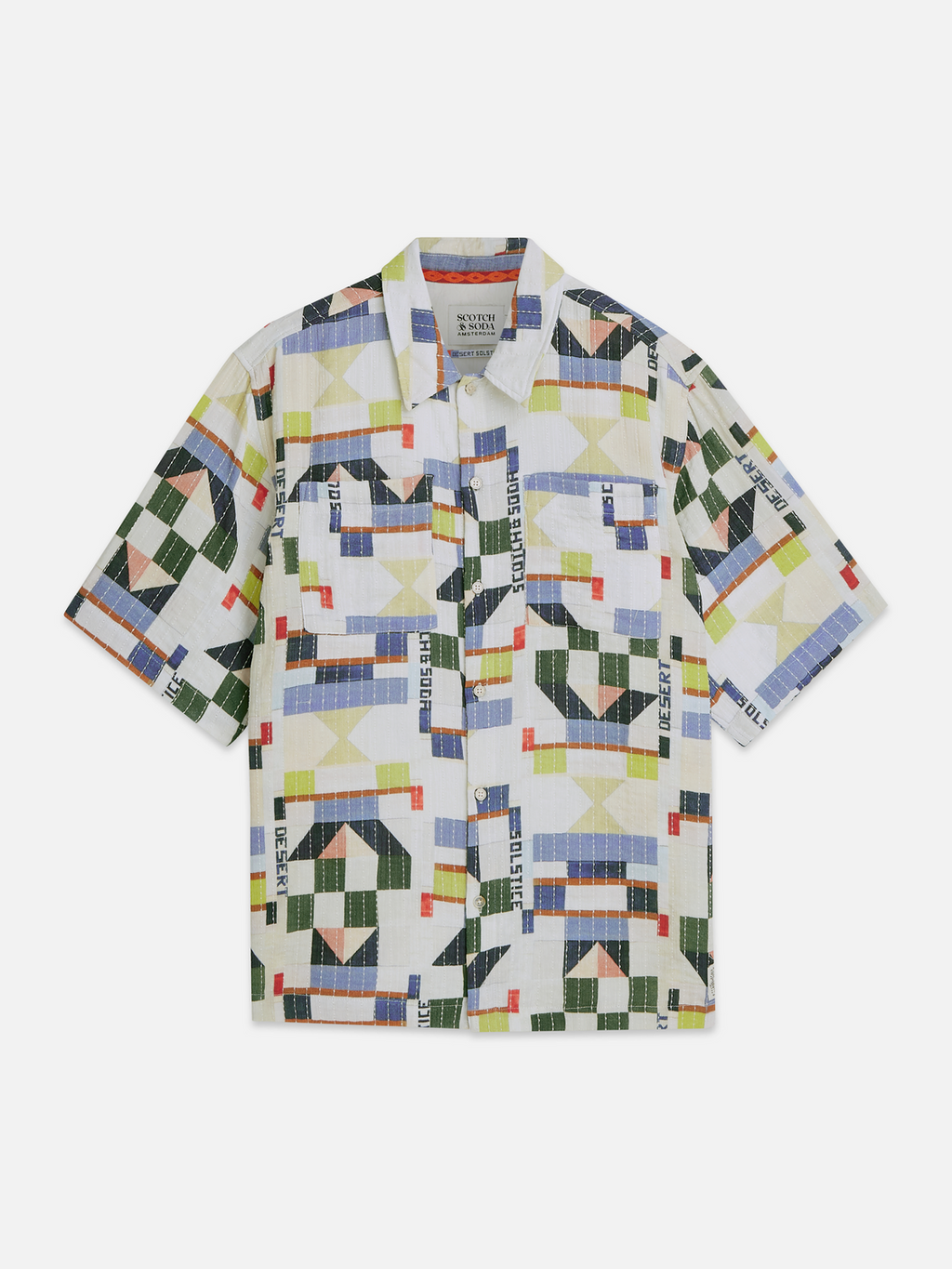 Printed Stitched Relaxed-Fit Short-Sleeve Shirt