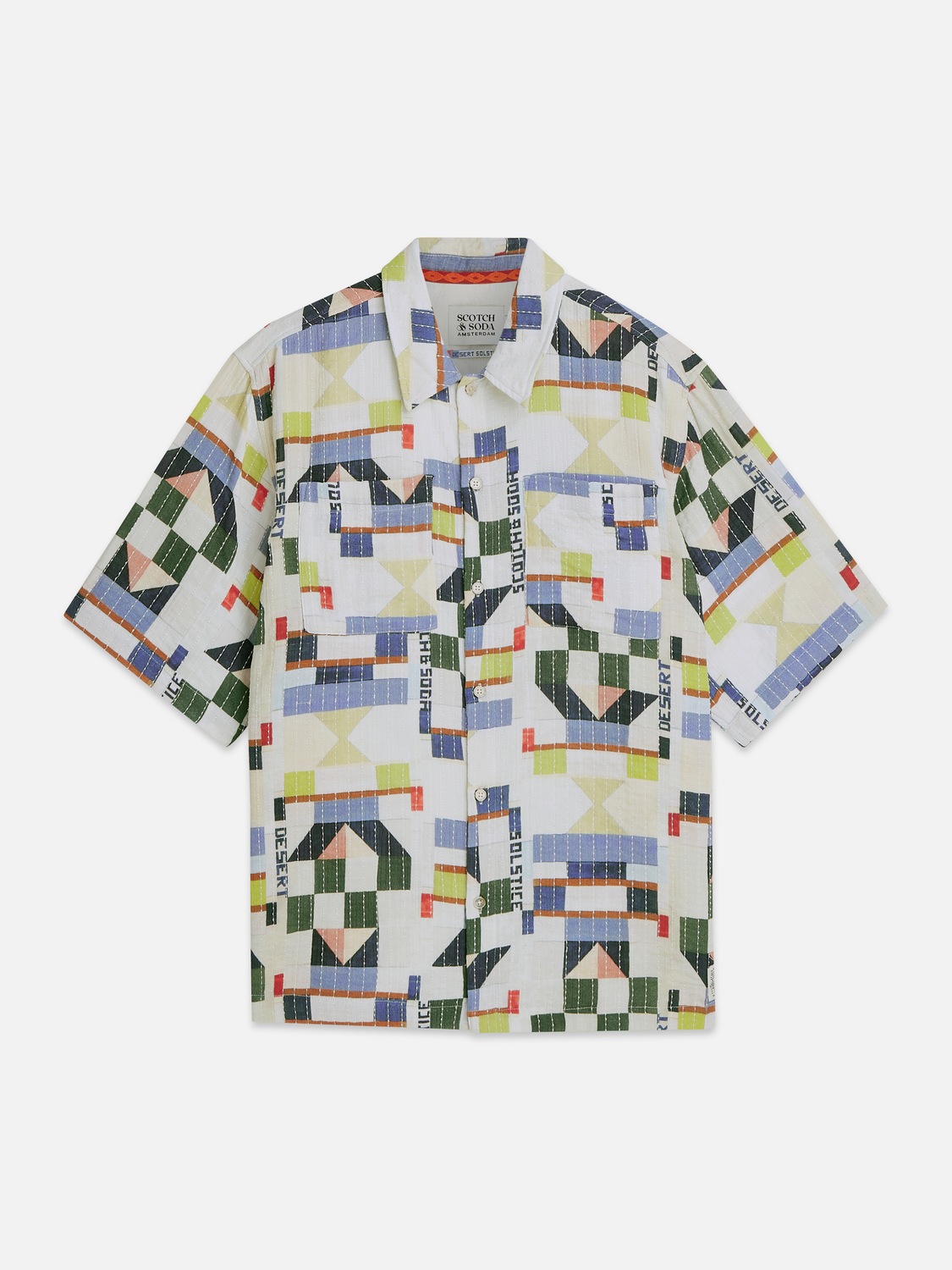 Printed Stitched Relaxed-Fit Short-Sleeve Shirt
