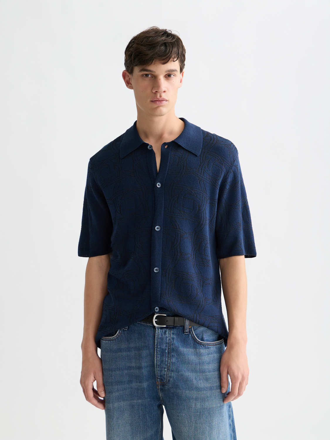 Tone-on-Tone Knitted Short Sleeve Shirt