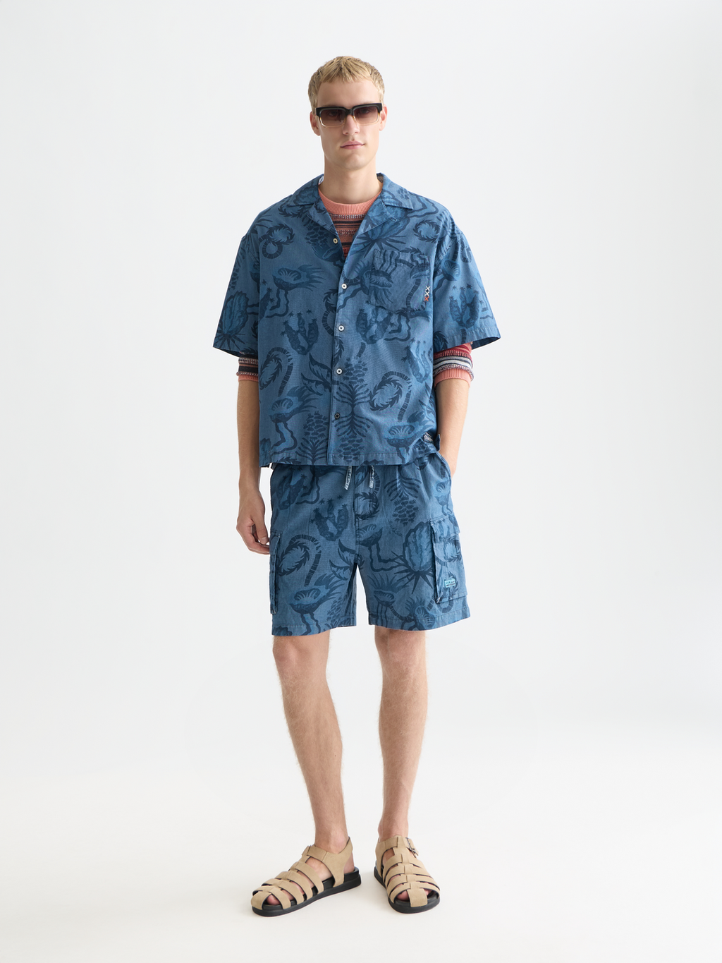 Allover Printed Chambray Cargo Shorts