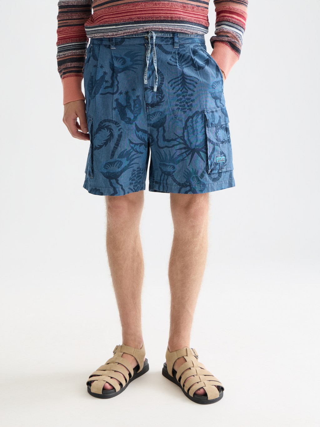Allover Printed Chambray Cargo Shorts