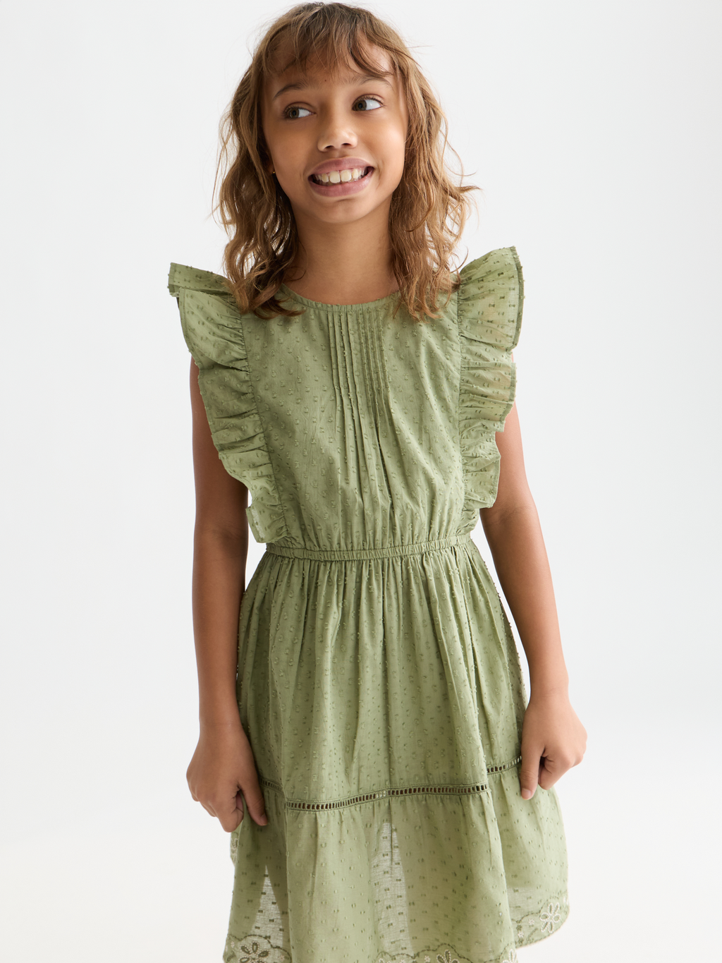 Girls' Embroidered Hem Clip Jacquard Cotton Dress