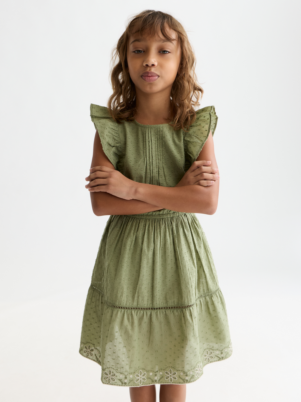 Girls' Embroidered Hem Clip Jacquard Cotton Dress