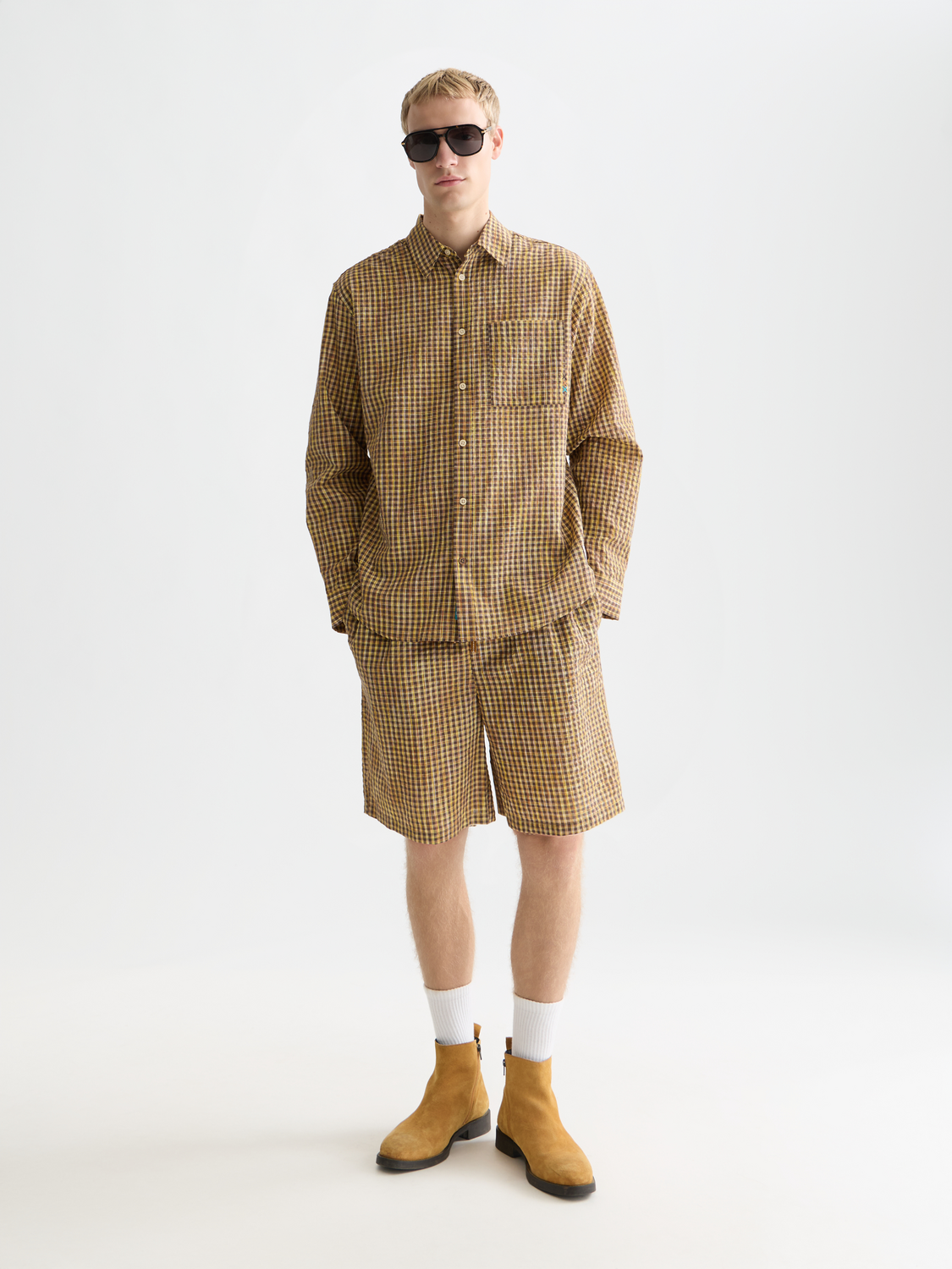 Chemise coupe décontractée micro-carreaux en seersucker