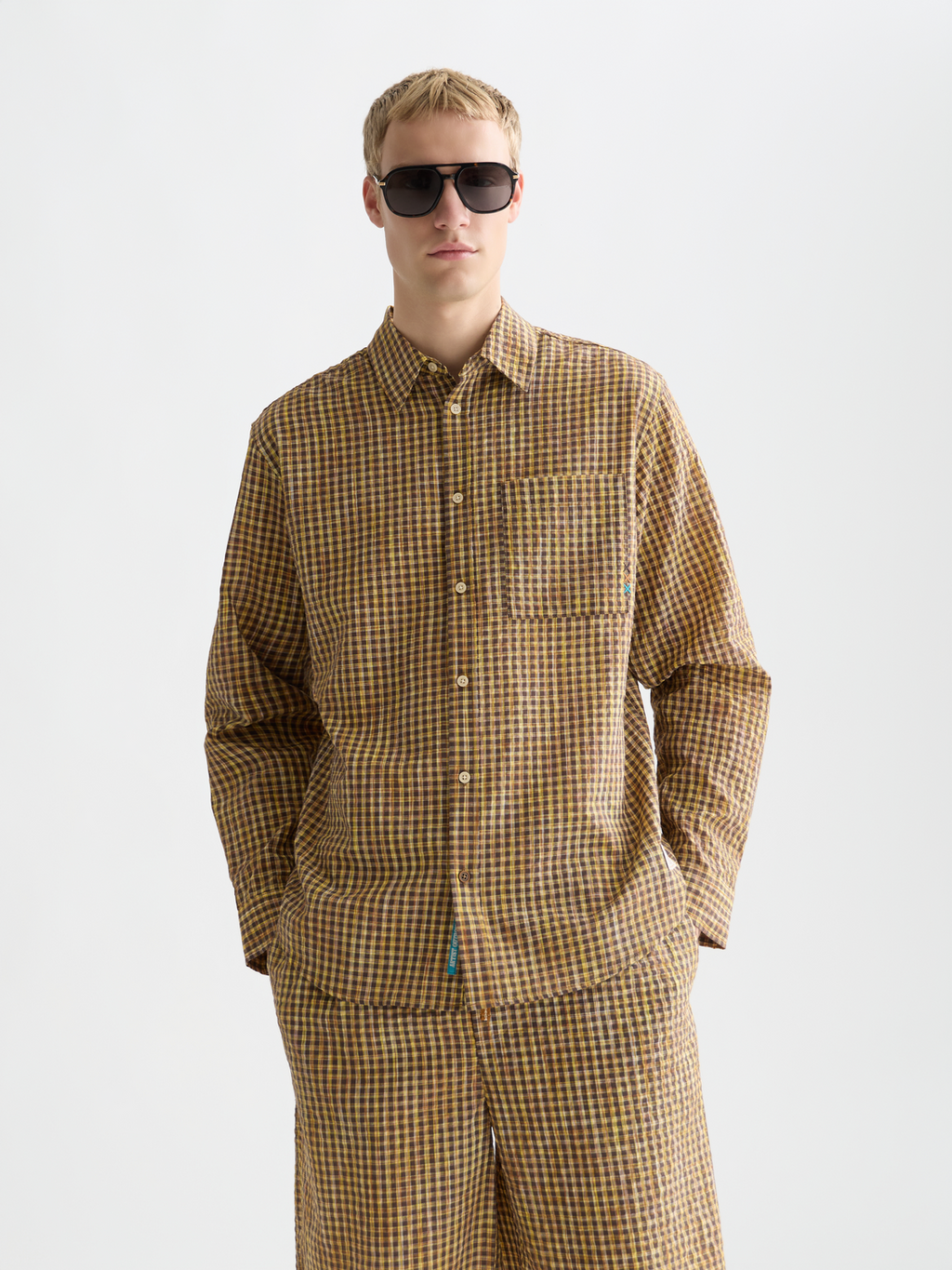 Chemise coupe décontractée micro-carreaux en seersucker