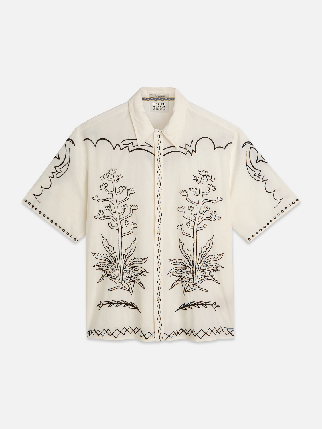 Embroidered Seersucker Relaxed-Fit Short-Sleeved Shirt