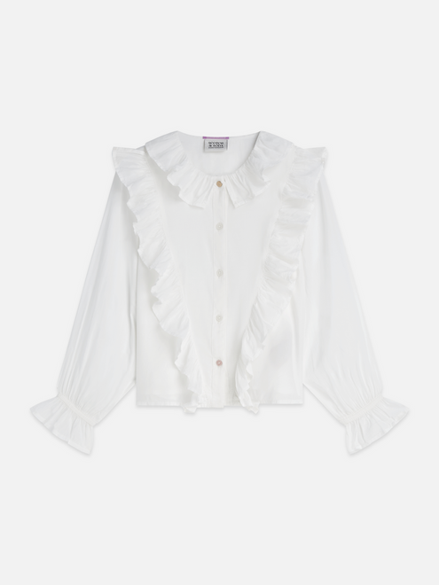 Gerüschtes Langarmshirt mit goldenen Knöpfen