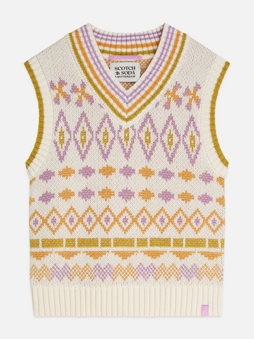Gilet sans manches en maille jacquard col V pour fille