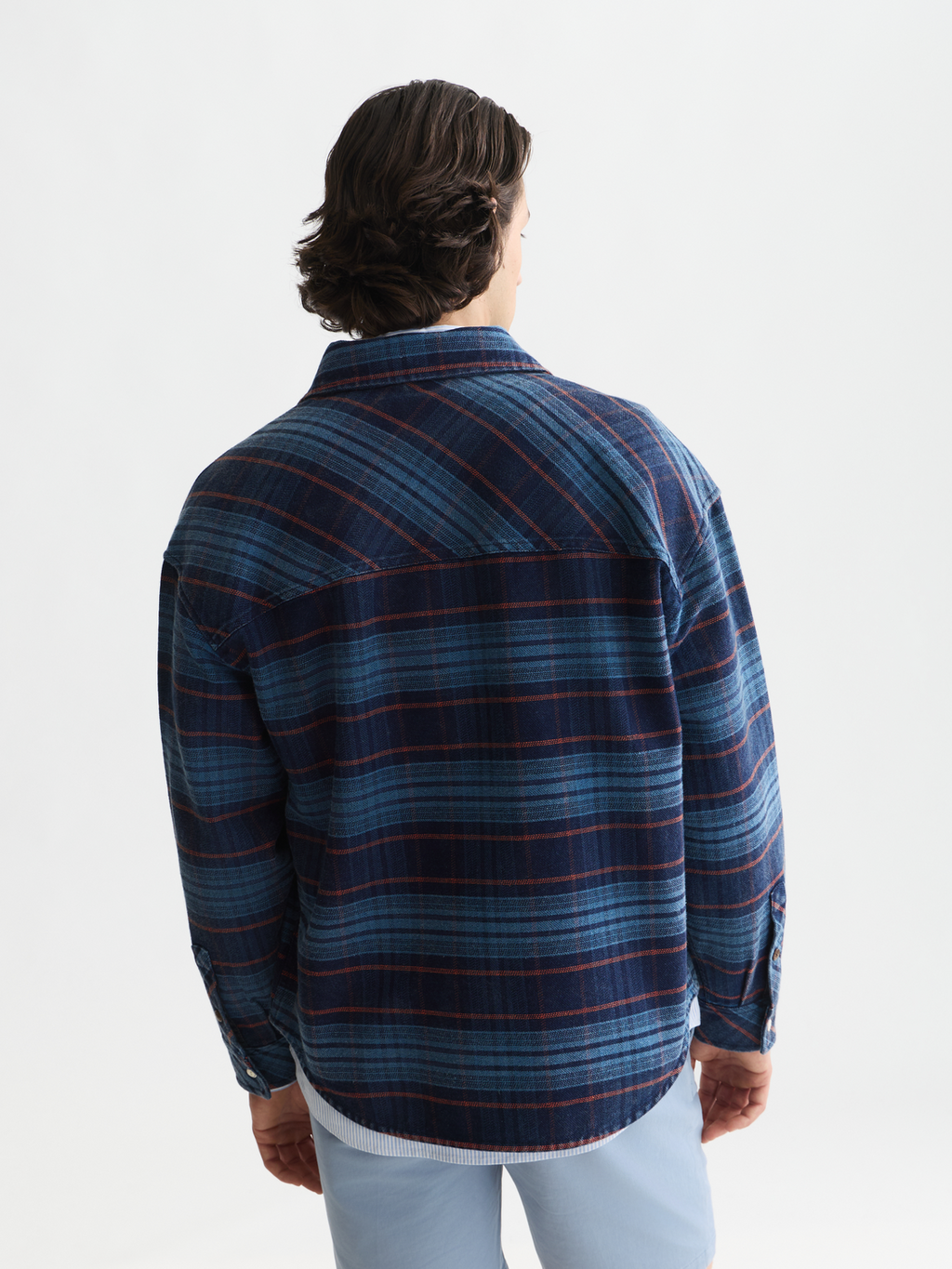 Checked Denim Loose-Fit Washed Overshirt