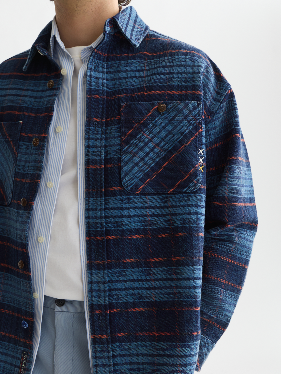 Checked Denim Loose-Fit Washed Overshirt