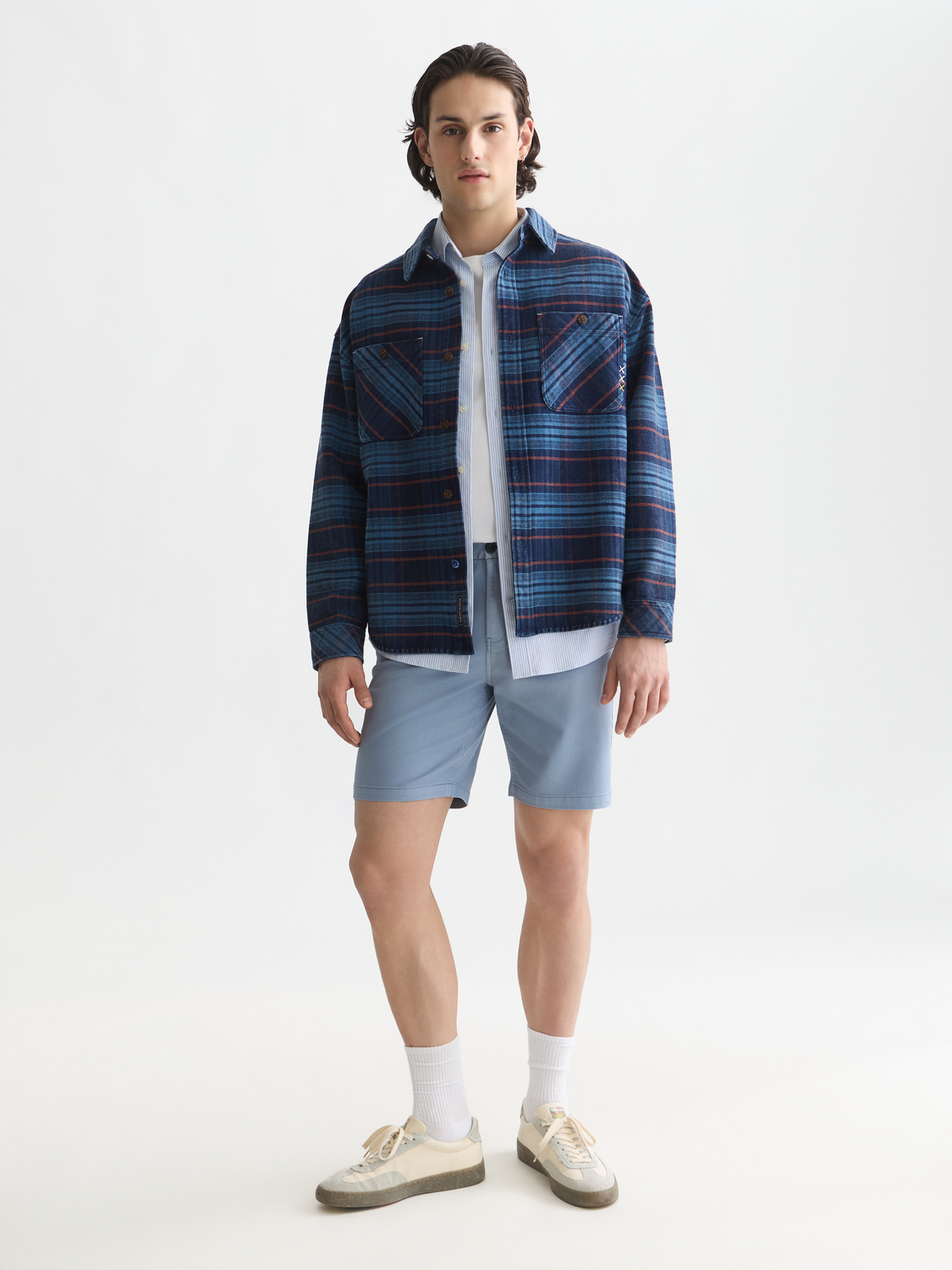 Checked Denim Loose-Fit Washed Overshirt