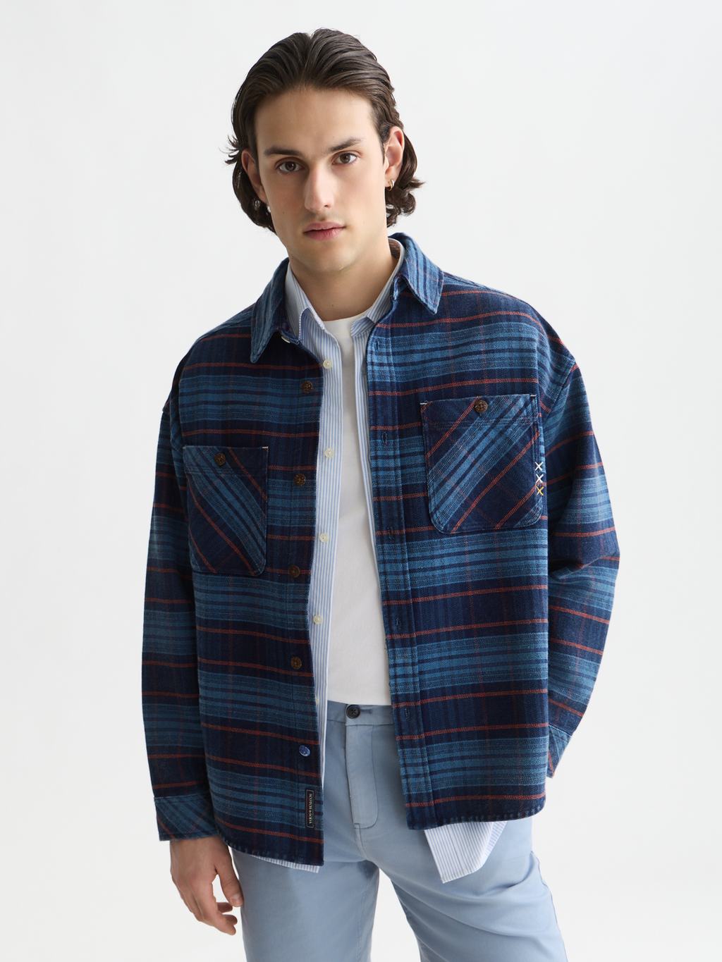 Checked Denim Loose-Fit Washed Overshirt