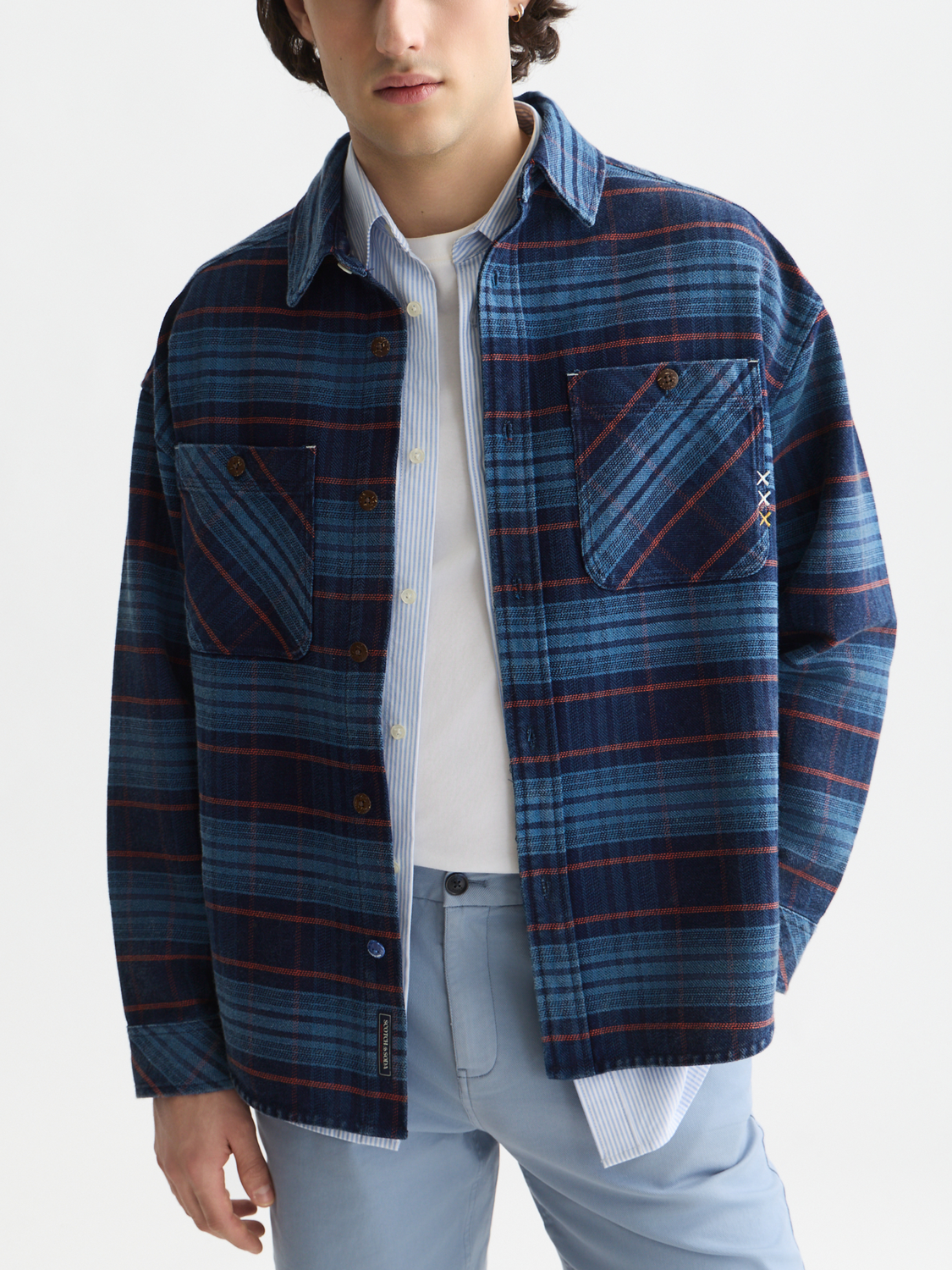 Checked Denim Loose-Fit Washed Overshirt