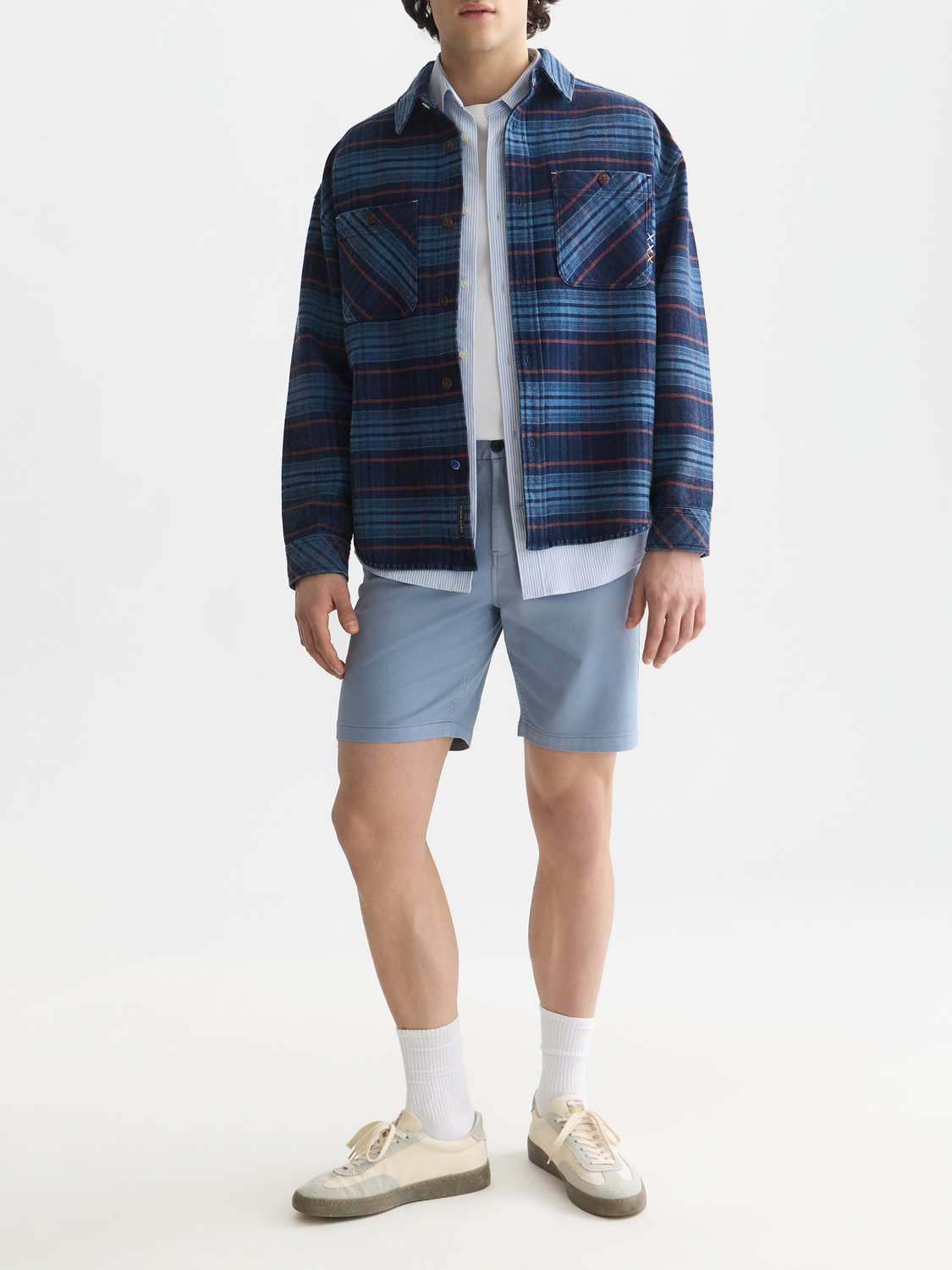 Checked Denim Loose-Fit Washed Overshirt
