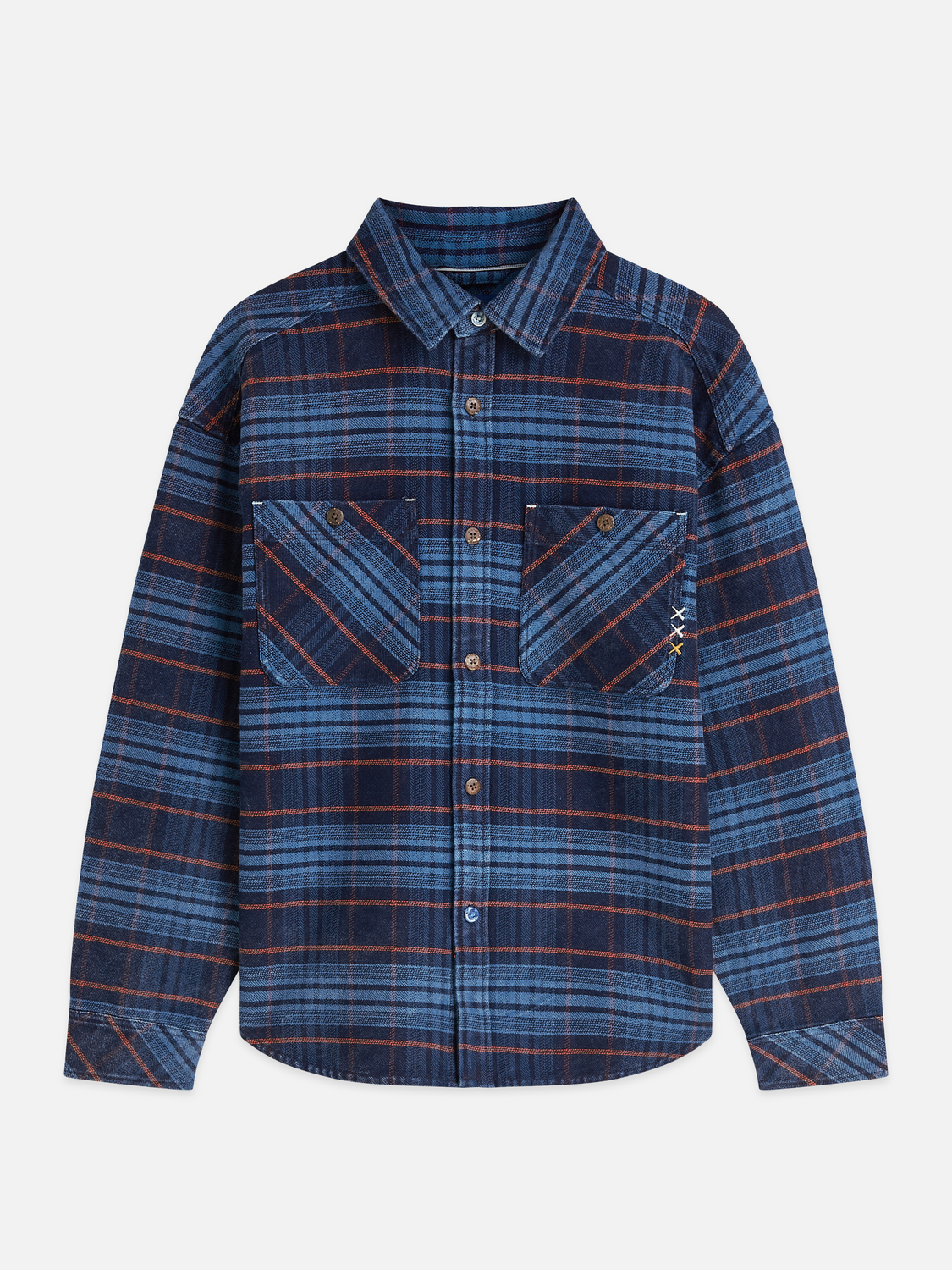 Checked Denim Loose-Fit Washed Overshirt