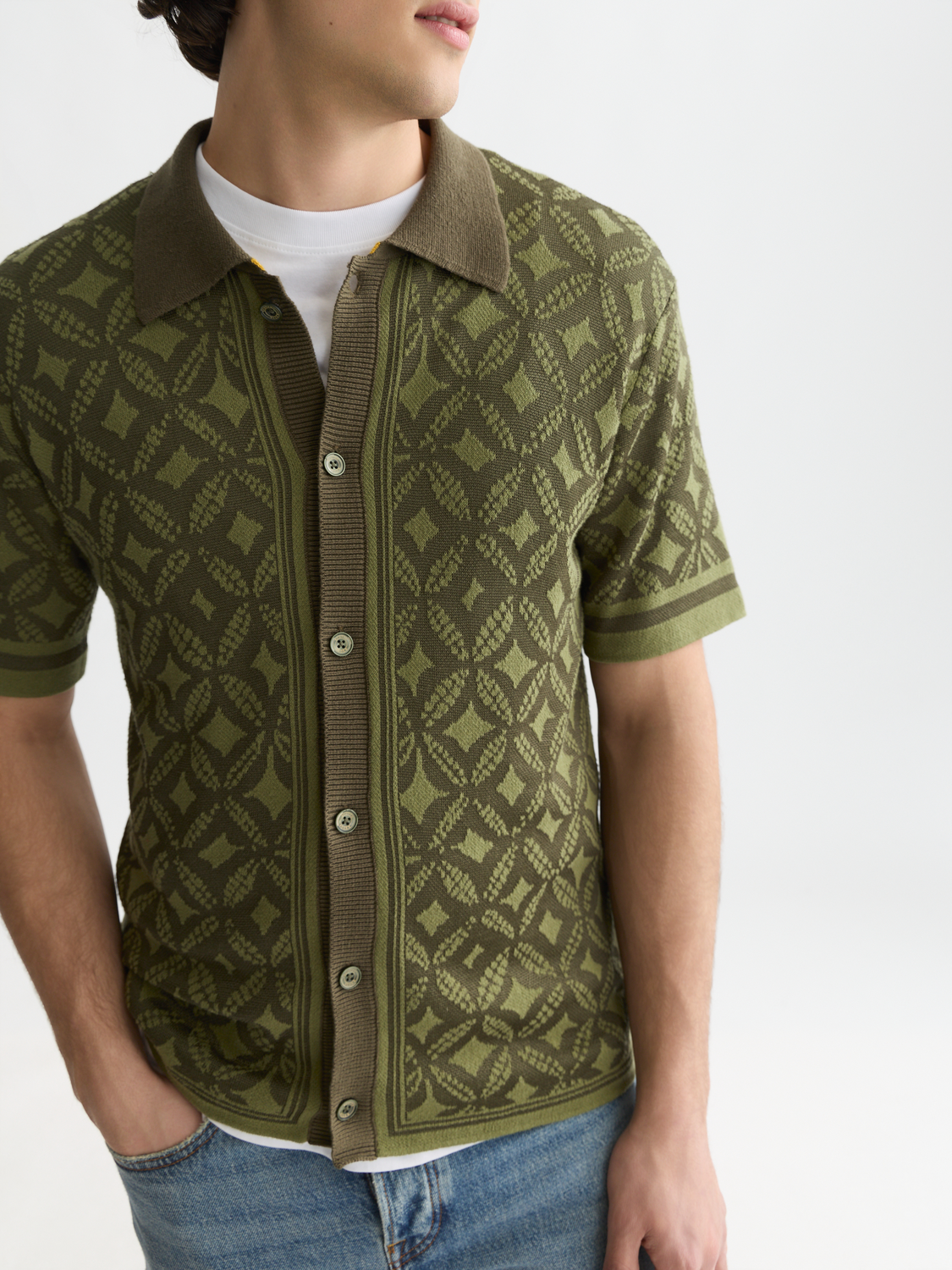 Jacquard Knitted Short-Sleeved Shirt