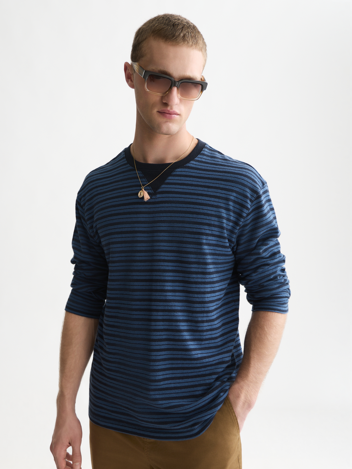 Textured Jacquard Striped Relaxed-Fit Long Sleeved T-Shirt