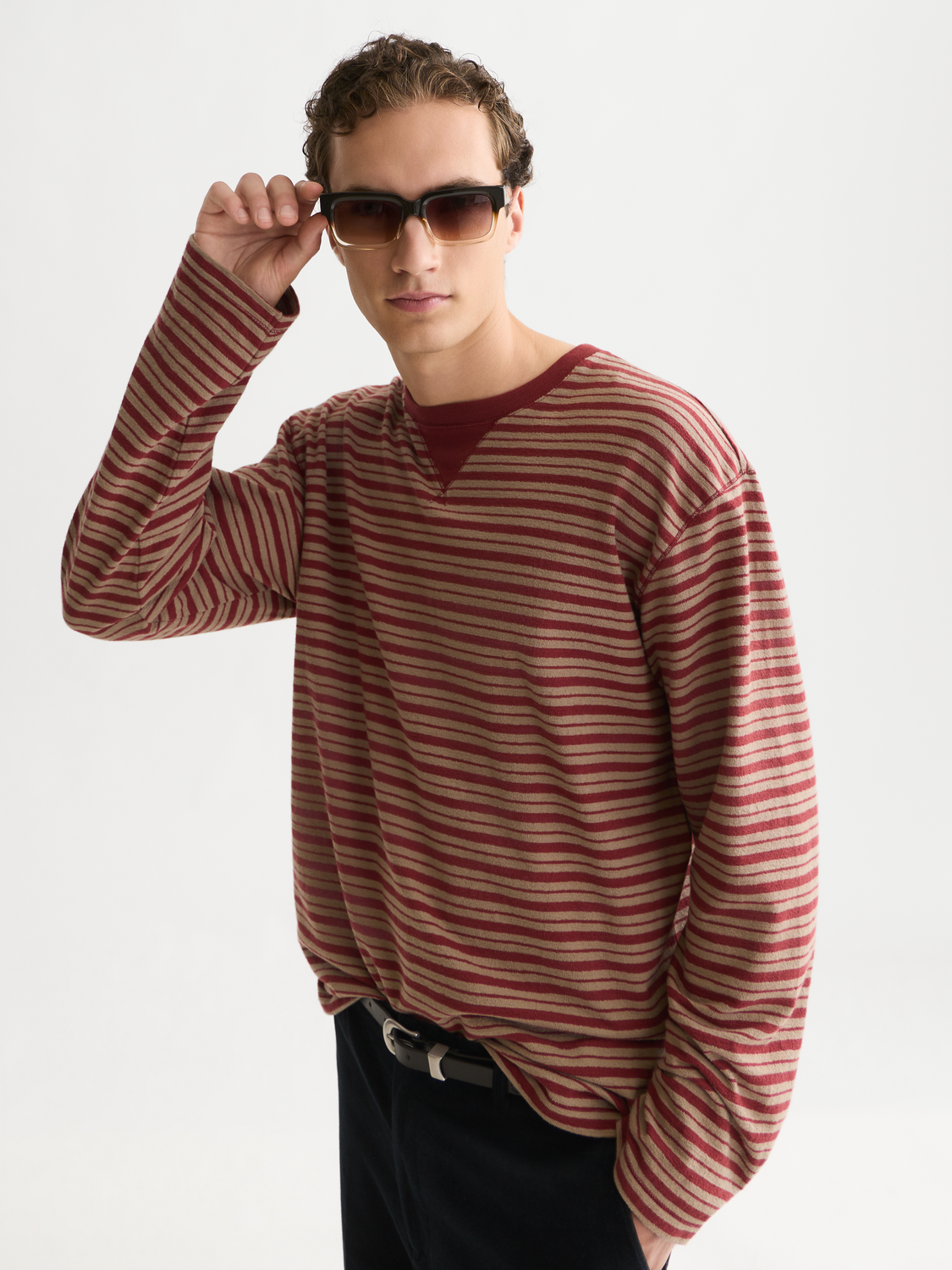Textured Jacquard Striped Relaxed-Fit Long Sleeved T-Shirt