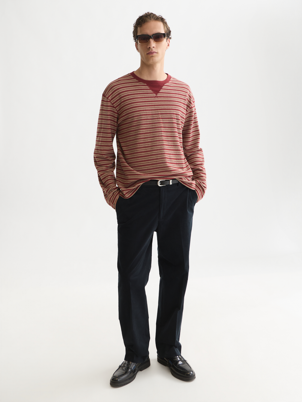 Textured Jacquard Striped Relaxed-Fit Long Sleeved T-Shirt