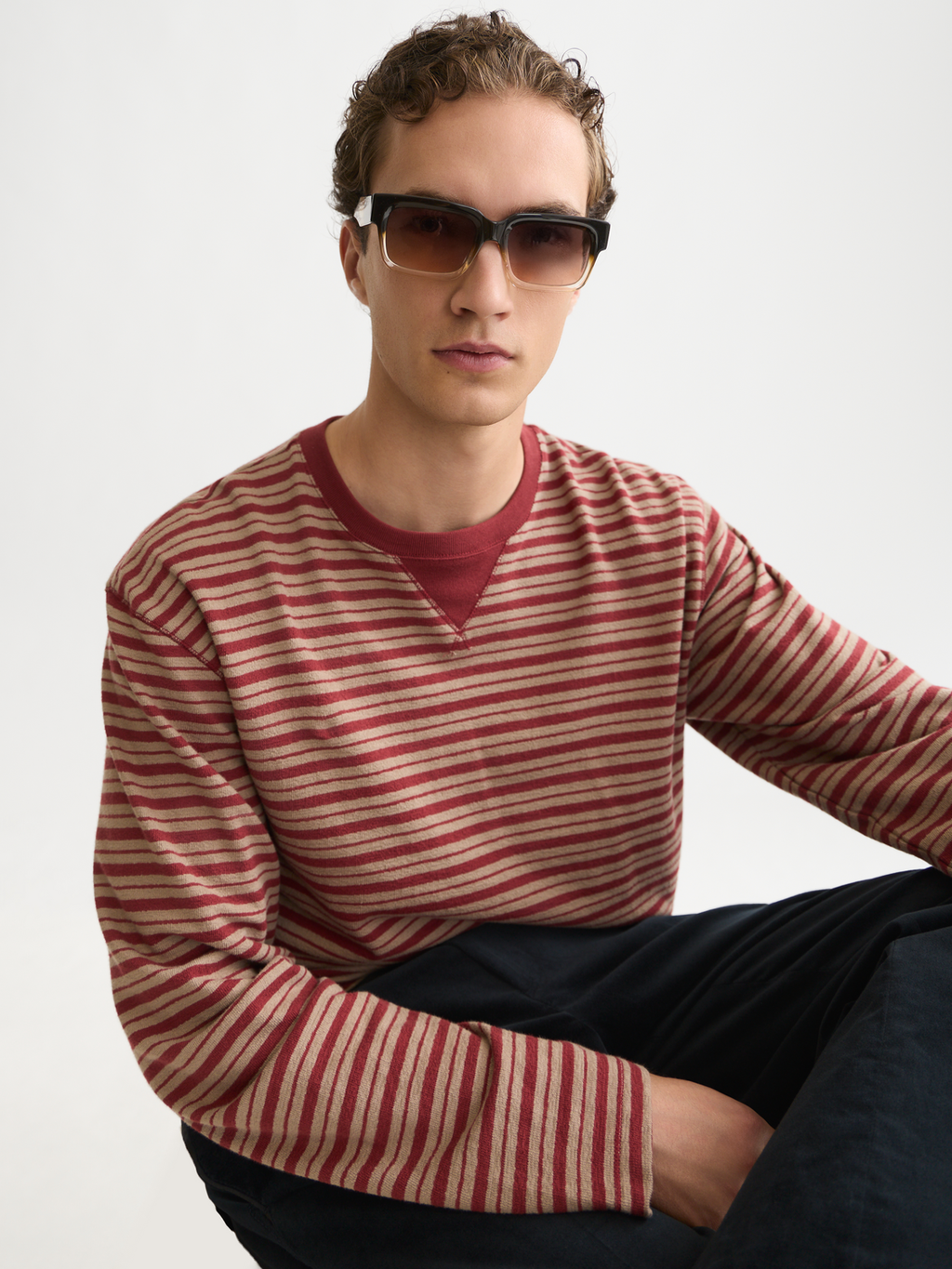 Textured Jacquard Striped Relaxed-Fit Long Sleeved T-Shirt