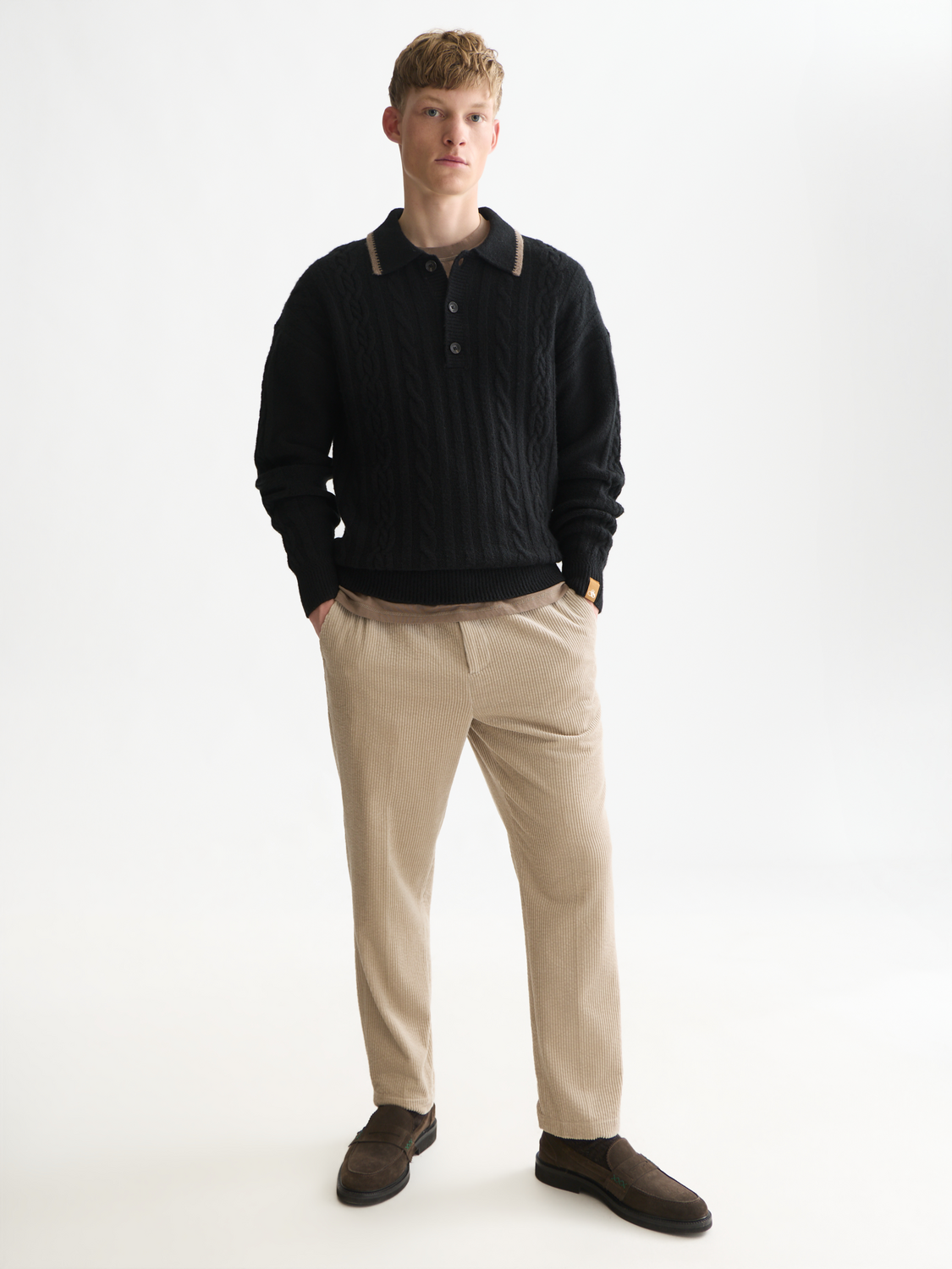 Soft Knit Polo Cable Dropped Shoulder Pullover