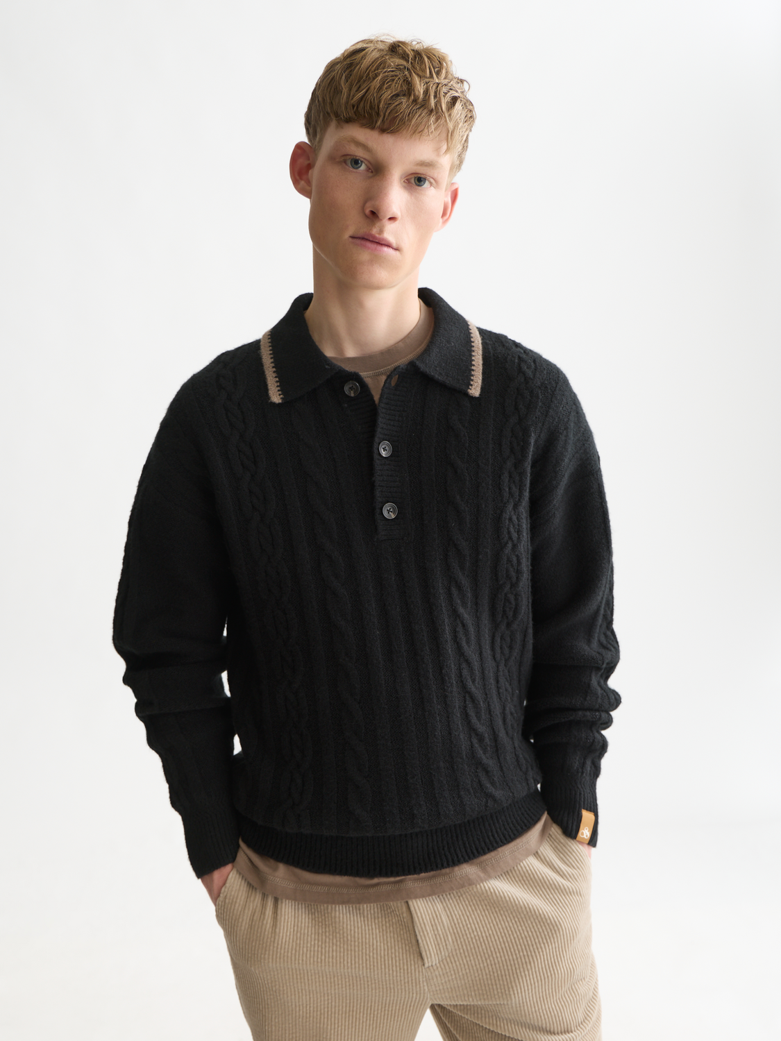 Soft Cable-Knit Wool-Blend Polo Pullover