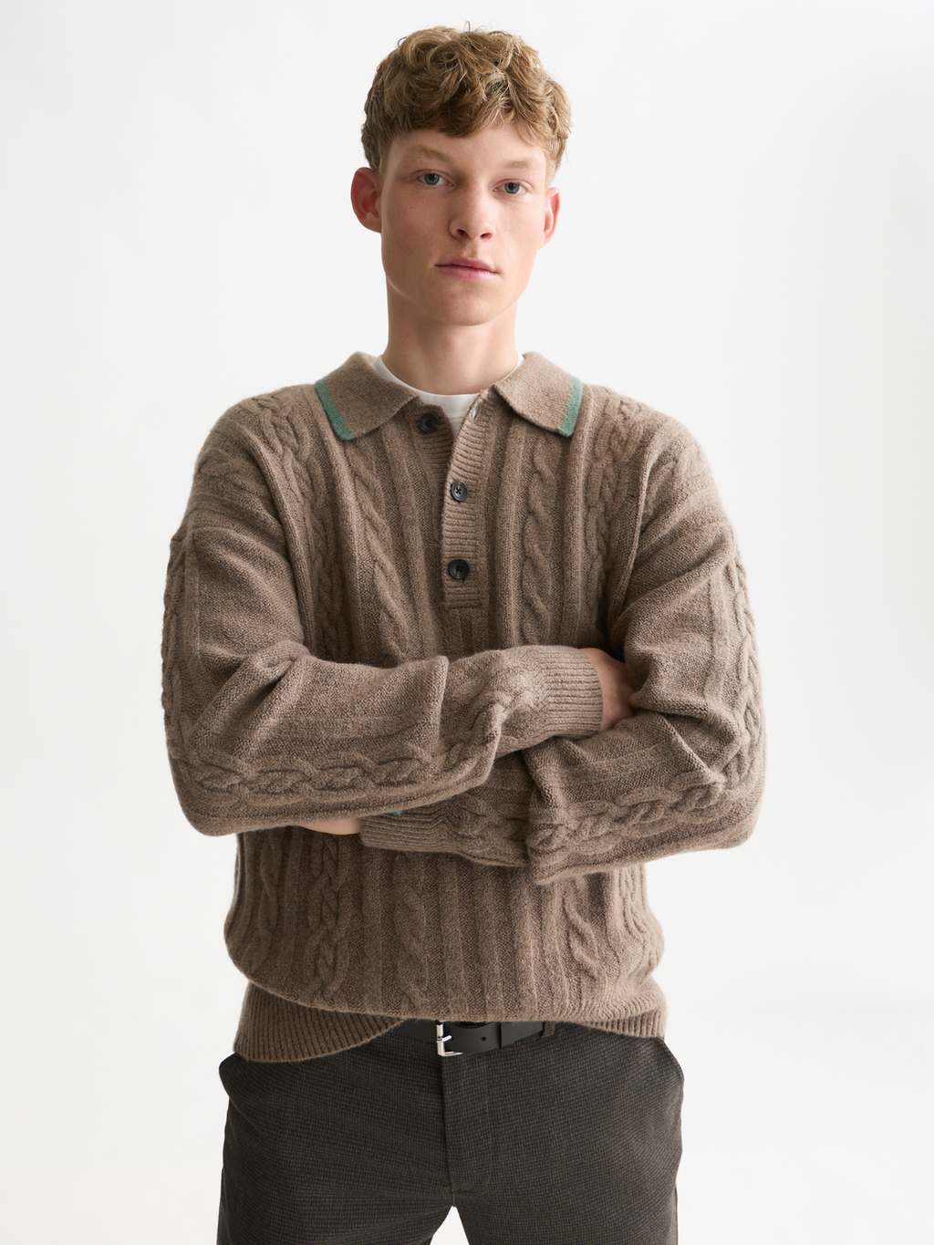 Soft Knit Polo Cable Dropped Shoulder Pullover