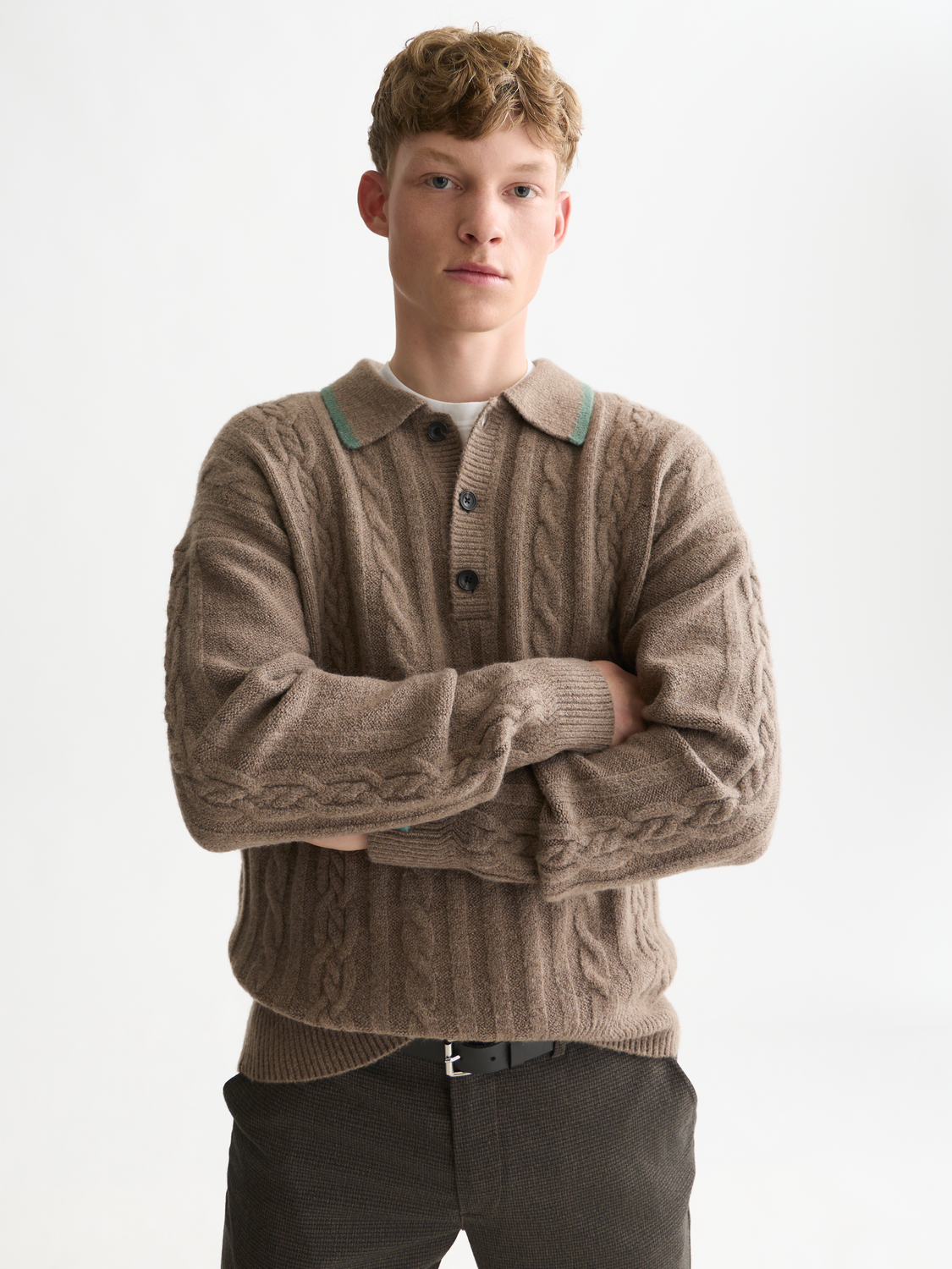 Soft Knit Polo Cable Dropped Shoulder Pullover