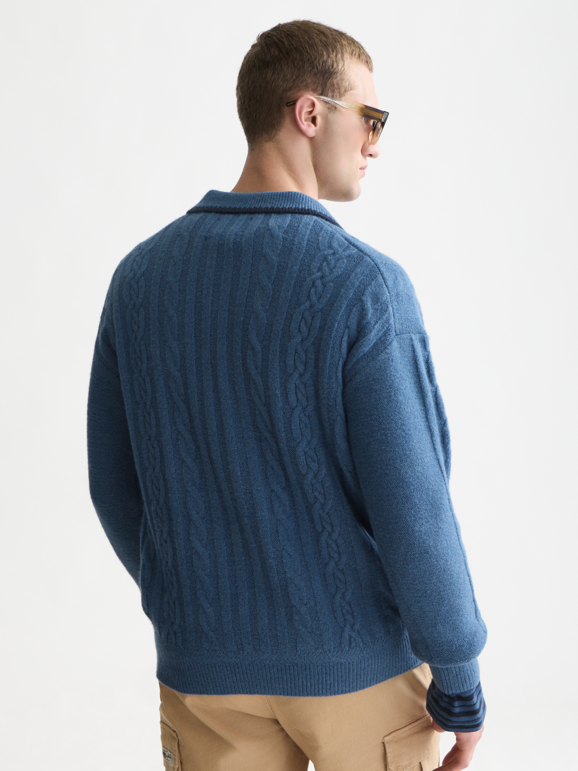 Soft Knit Polo Cable Dropped Shoulder Pullover