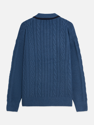 Soft Knit Polo Cable Dropped Shoulder Pullover
