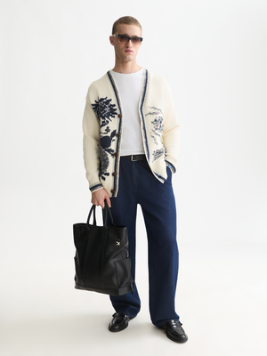 Intarsia Cotton-Blend Dropped Shoulder Cardigan