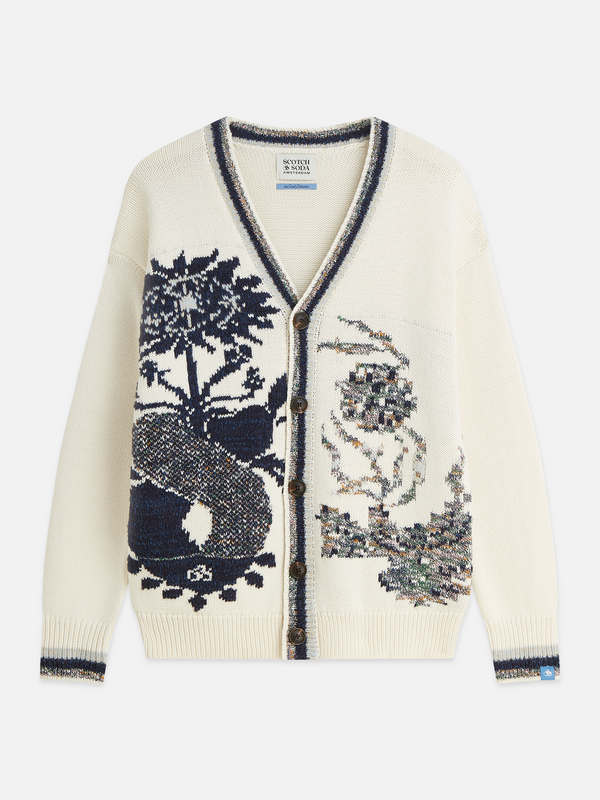 Intarsia Cotton-Blend Dropped Shoulder Cardigan