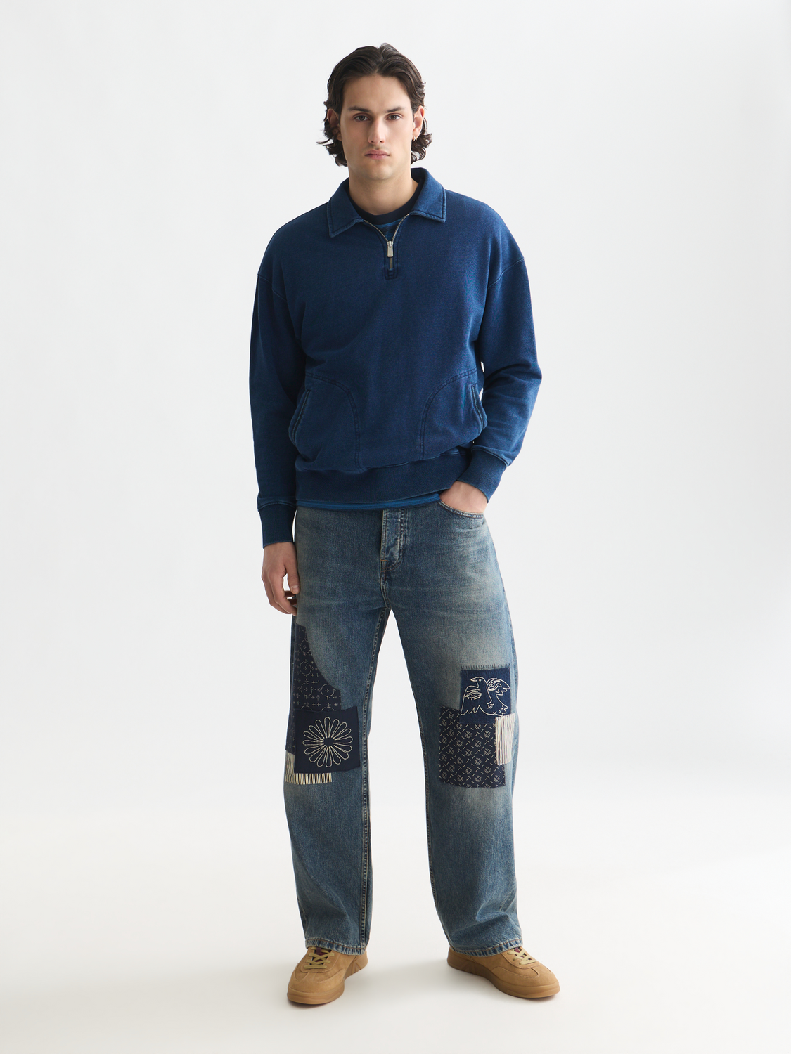 Washed Indigo Half Zip Relaxed-Fit Sweatshirt