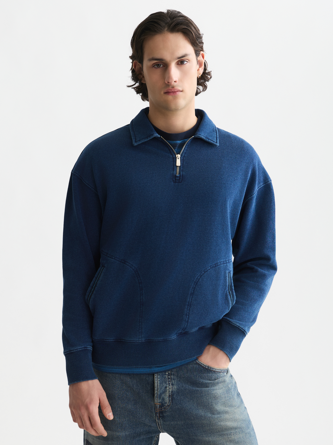 Washed Indigo Half Zip Relaxed-Fit Sweatshirt