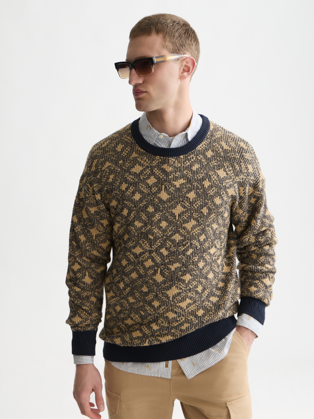 Jacquard Wool-Blend Extra Dropped Shoulder Pullover