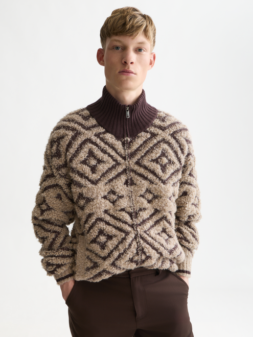 Jacquard Wool-Blend Zip-Through Relaxed Pullover